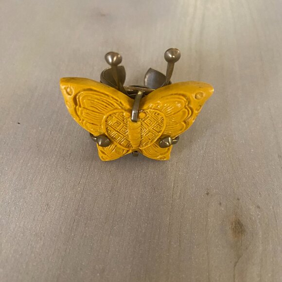 VTG Jan Michaels mustard yellow carved butterfly brass adjustable ring 90s USA - Picture 7 of 14
